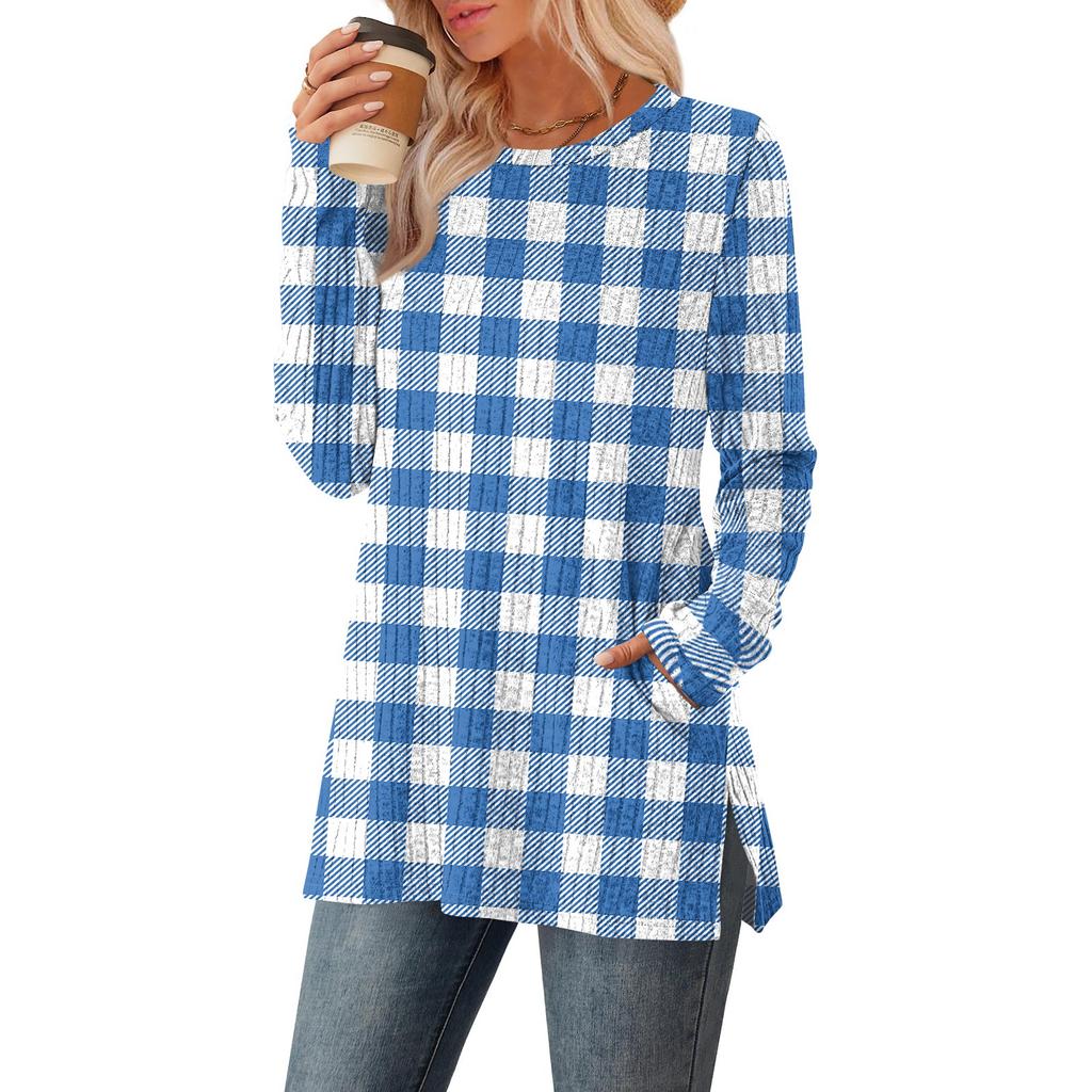 Women's Checkered Printed Round-neck Long-sleeved Top With Pockets And Side Slits