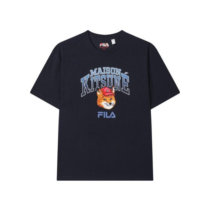 Fila X Maison Kitsune Большой Лисий Голова Модный Универсальный Повседневный Спортивный Футболка с Коротким Рукавом Унисекс Легендарный Синий F11U529102F-NV