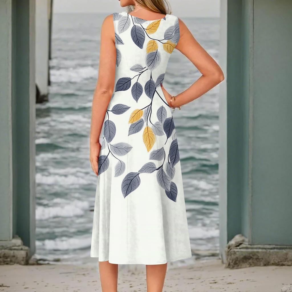 Женское повседневное модное платье миди с цветочным принтом и круглым вырезом без рукавов