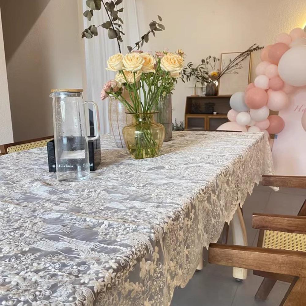 Home Decoration Embroidered French Lace Tablecloth Vintage Organza Table Cover White Table Linen Afternoon Tea