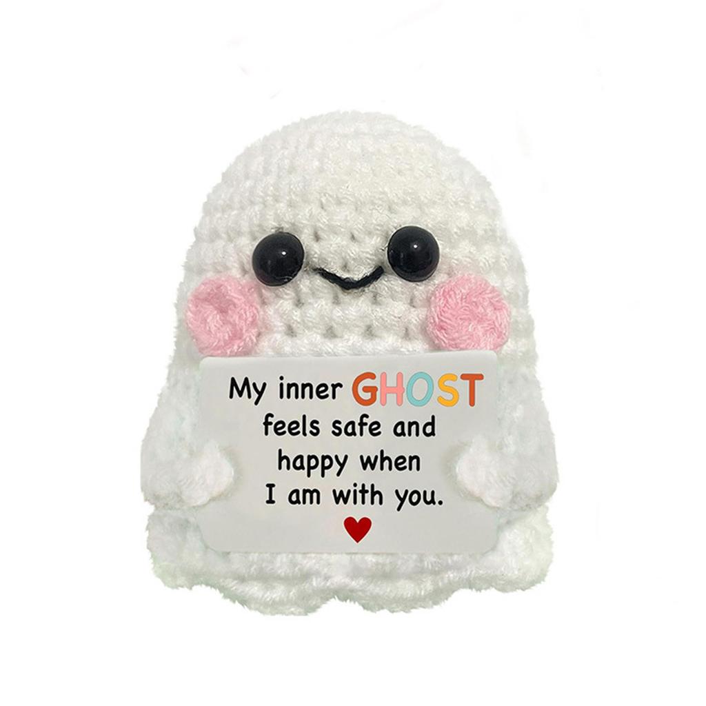 Crochet Emotional Support Cat Ghost Halloween Gifts Desktop Ornament Handmade Knitted Black Cat Doll With Card Home Room Decor