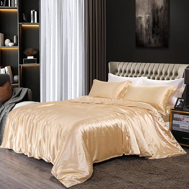 European Solid Color Mulberry Silk Bedding Sets Ice Silk Satin Cooling Bedclothes High Quality Skin-Friendly Smooth Duvet Kit
