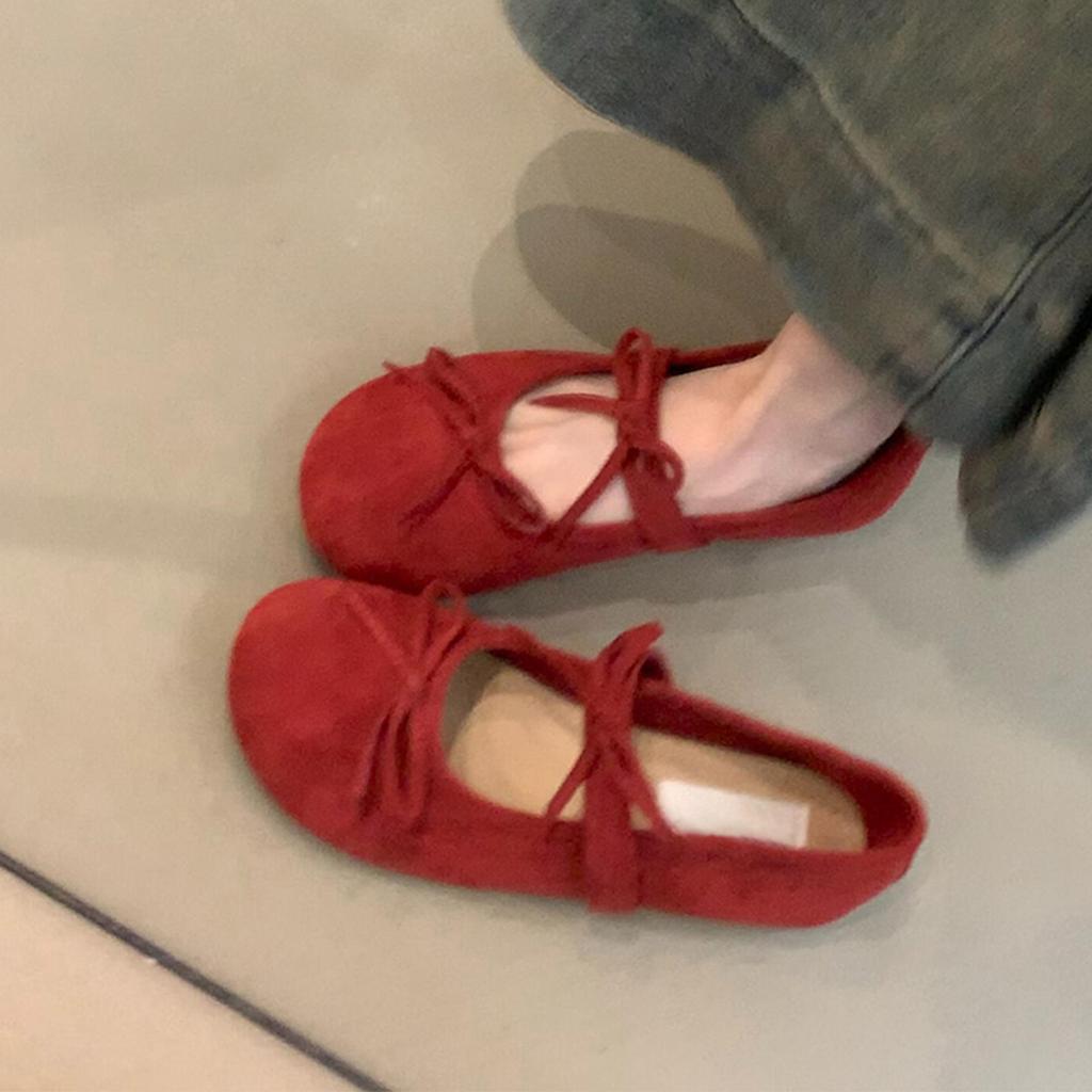 Soft-soled Version~ Gentle Fairy Wind Shallow Mouth Temperament Mary Jane Shoes Women's Bow Round Head Suede Flat-soled Small Single Shoes