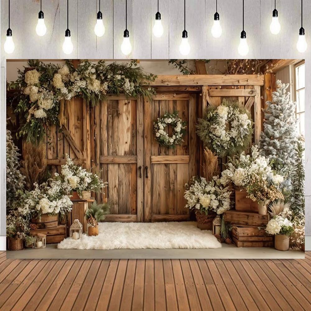 Christmas Multicolor Arch Door Window Photography Background Xmas Tree Festive Wreath Family Portrait Party Decor Photo Backdrop2
