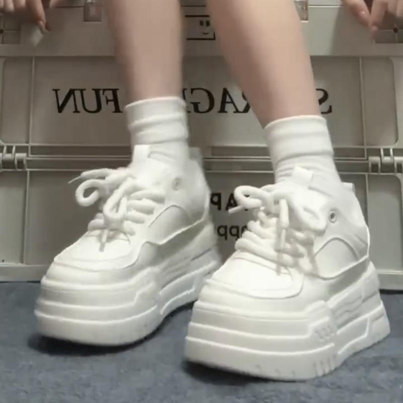White Sneakers Women's Spring and Autumn Muffin Thick-soled White Shoes Round Head Lace-up Breadboard Shoes Heightening Casual Shoes Children