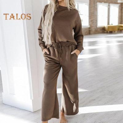 2 шт./комплект женский топ брюки костюм круглый вырез длинный рукав текстурированный однотонный свитшот эластичный пояс широкие брюки повседневная одежда спортивный наряд осень