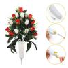 2 Pcs Artificial Cemetery Flowers Outdoor Gravestone Faux Rose Flower with Vase Graveyard Memorial Bouquet for Cemetery Headstones Decoration