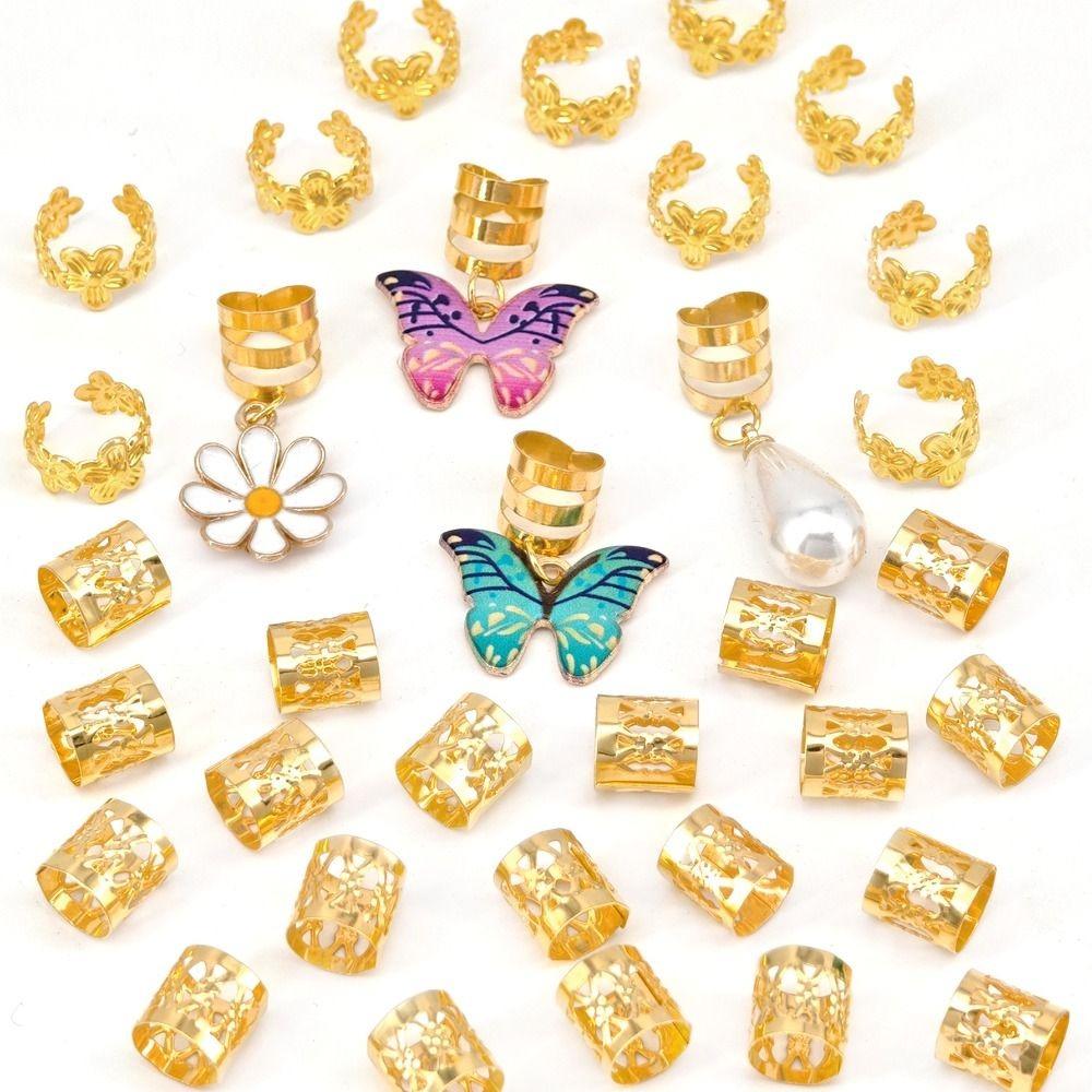 34pcs Dread Locks Hollow Out Hair Ring Butterfly Hair Braid Tubes Gold Dreadlocks Beads  Women