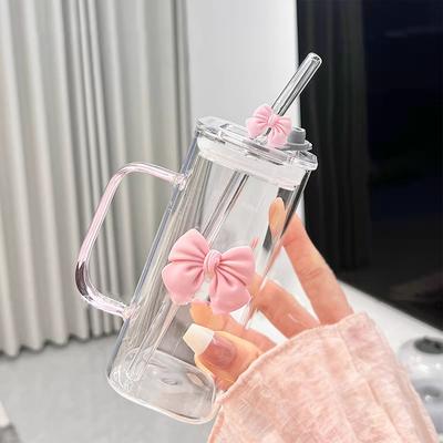 Прозрачная квадратная бутылка для воды с крышками и трубочками, прозрачные стеклянные стаканы с ручкой, стаканы-термосы с бантом для офиса