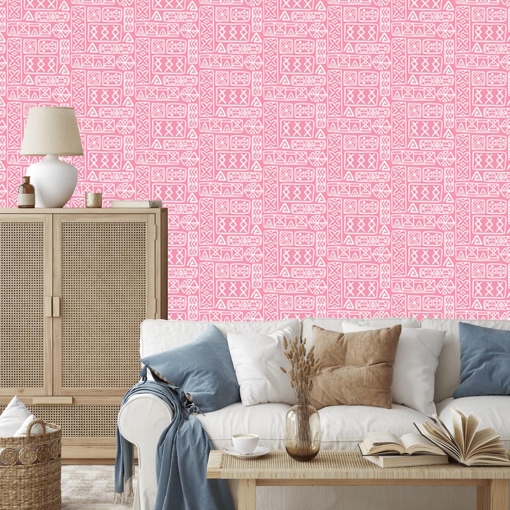 Polynesian Geometric Pattern Powder Pink Wallpaper 50x1000