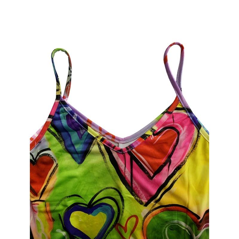 Платье-комбинация с сердечным принтом, повседневное летнее платье без рукавов с V-образным вырезом для отпуска, женская одежда