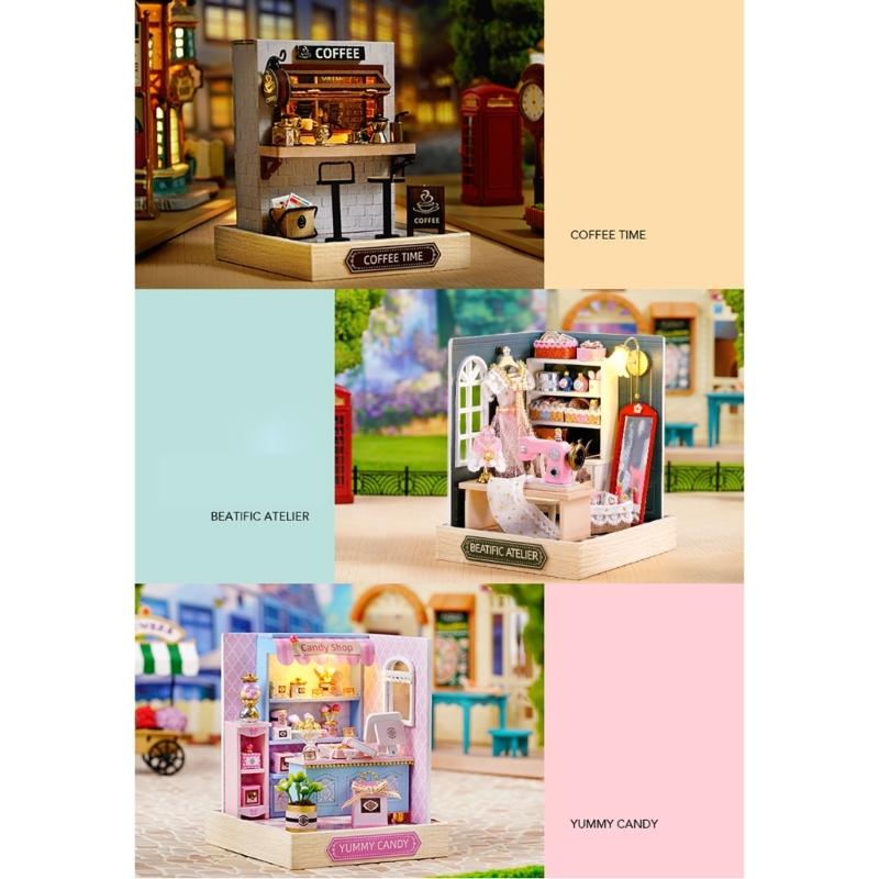 Wood Atelier Insert Candy Shop Model Dollhouses with Light Unique Craft Build Your Own Shop Model Craft