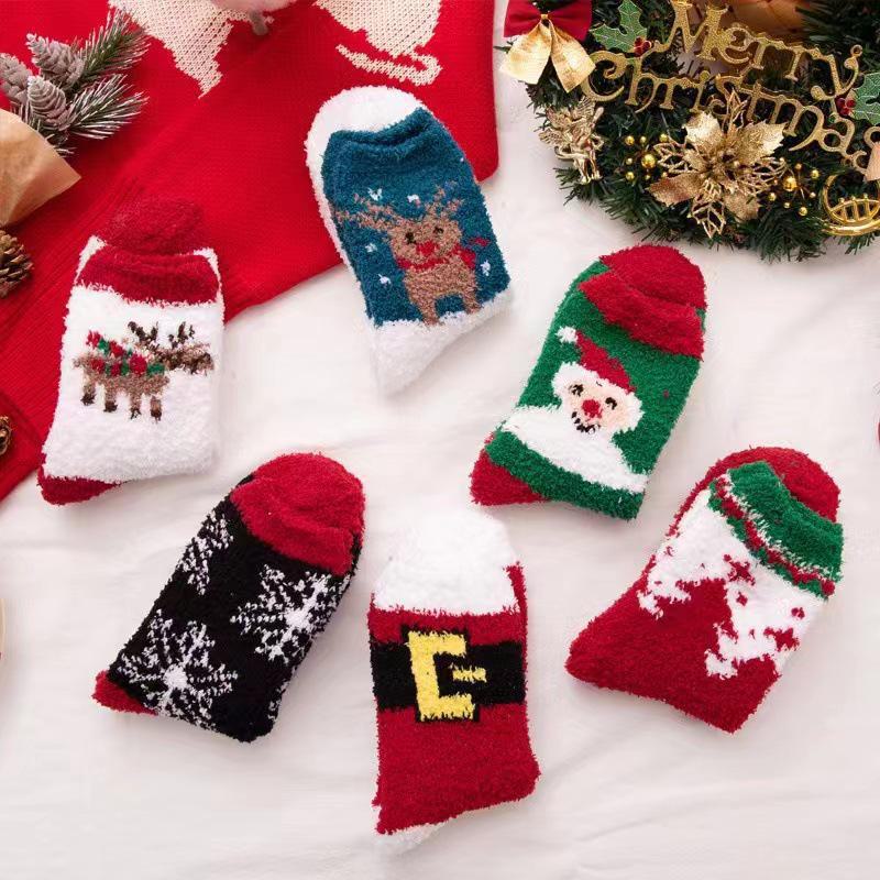 Женские носки кораллового бархата — уютный рождественский стиль, толстые и теплые для осени/зимы, идеально подходят для дома и сна.