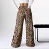 Women Casual Trousers Elastic Waistband Drawstring Tie Pajama Bottoms Leopard Print Wide Leg Lounge Pants