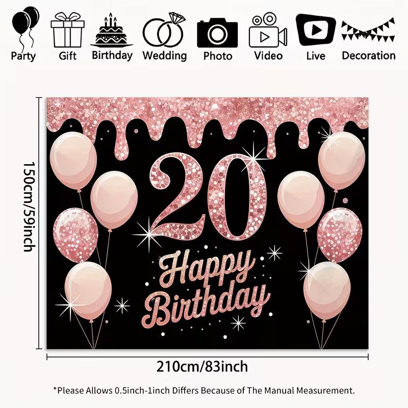 2D Black & Rose Gold Glitter 20th Birthday Party Decoration Background