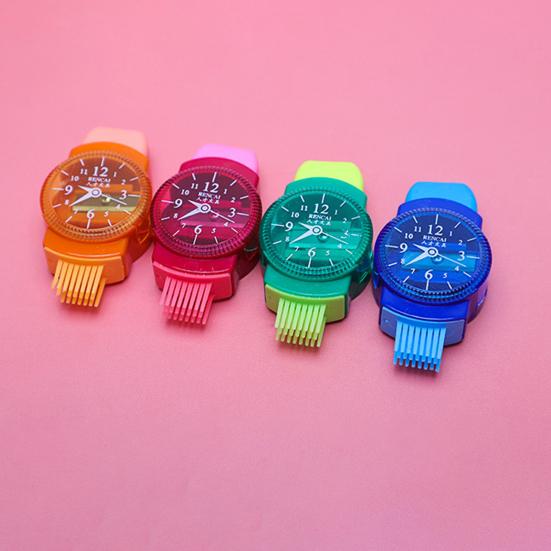 2 шт. точилки для карандашей с ластиками-кисточками, симпатичные в форме часов, многофункциональные, острые лезвия, заточка, пластиковые, 3 в 1, для школьников, режущие машинки