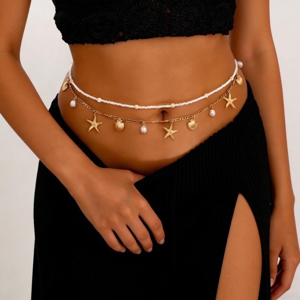 2 Pcs/set Imitation Pearl Beads Body Chain Shell Belly Chains Charms Starfish Waist Chain Vacation
