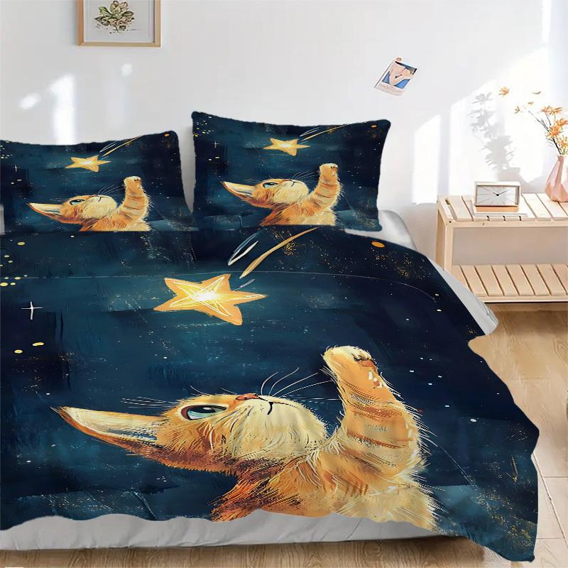 3Pcs Celestial Kitty Printed Bedding Set, Breathable And Soft,(Includes 1 Duvet Cover And 2 Pillowcases, Quilt Not Included) yy250815190