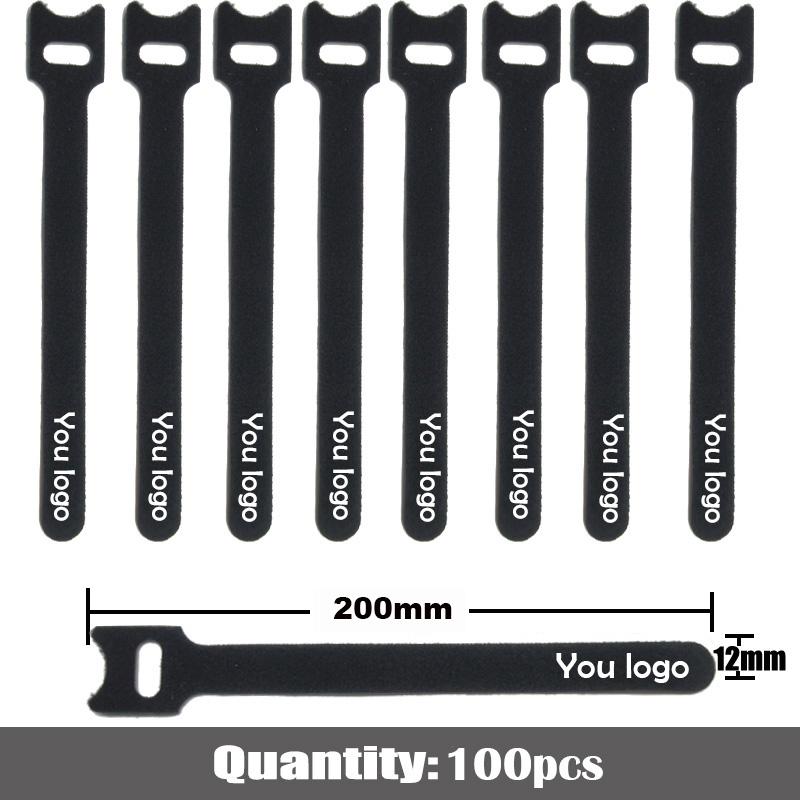 200mm Customized LOGO Nylon Reverse Buckle Hook Loop Fastener Cable Ties Fastener Cable Ties Strap Sticky