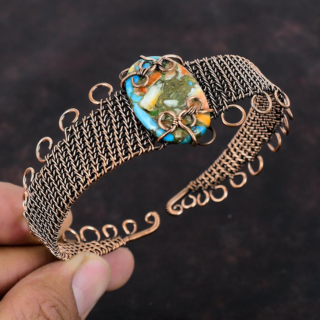 Spiny Oyster Copper Turquoise Bangle Copper Wire Wrapped Cuff Bracelet Handmade Adjustable Bangle Gemstone Cuff Copper Jewelry Gift For Mom