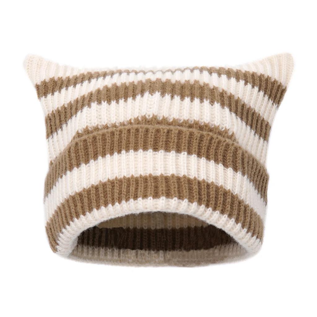 Японская милая шапка с кошачьими ушками в черно-белую полоску, шерстяная, женская, осенне-зимняя, теплая, шапка-бини, вязаная, с подвесным помпоном, маленького дьявола