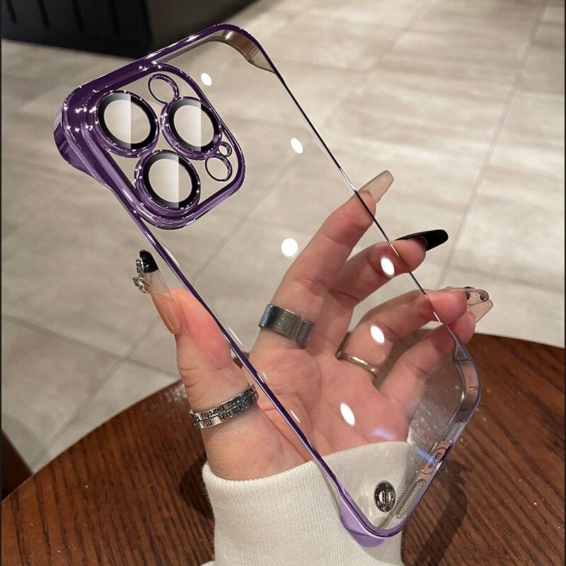 Безрамный гальванический противоударный чехол для телефона для iPhone 12 13 14 15 Pro Max 14 15 Plus 13 Pro, защита объектива, прозрачный корпус, твердый чехол без границ