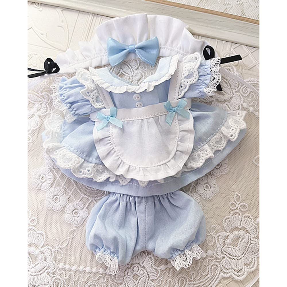 Niannyyhouse 15cm Plush Maid Outfit with and Cotton Doll Clothes Hairband, Dress, Apron, Shorts, (Light Blue)