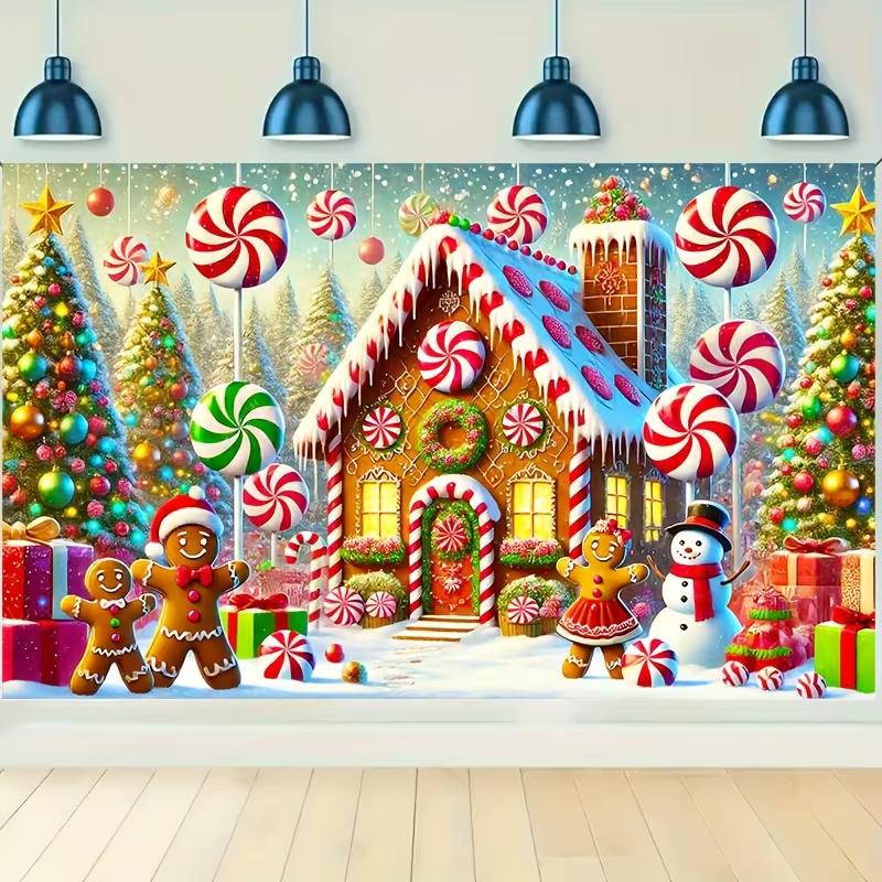 2D Flat Winter Candy Land Banner, Gingerbread Men & Snowman Background for Christmas Decoration