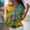Peacock Feathers Print Women Blouse Spring Autumn Femme Office Lady Button Up Turn Down Collar Shirts