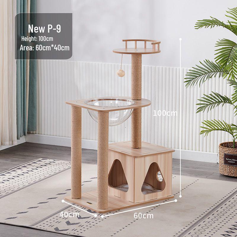 Большая кошачья игровая башня со встроенной кроватью-капсулой, когтеточкой, платформой от пола до потолка и полками.