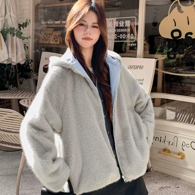 Wearing velvet cotton clothes on both sides, women's autumn and winter new fashion versatile hooded girlfriend cotton-padded coat