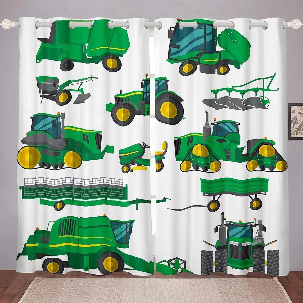 2PCS Cartoon Cars Truck Window Drapes, Excavator Tractor Trucks Grommet Curtains Boys Construction Themed Curtain for Bedroom