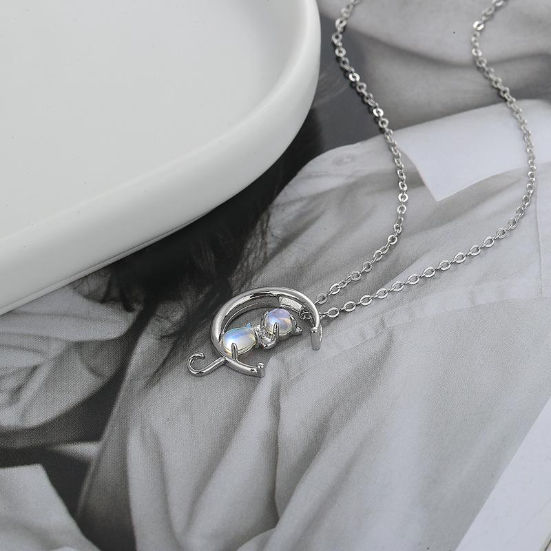 Цепочка из стерлингового серебра 925 пробы, корейская версия, цепочка с изображением кота на луне и циркония на ключице, элегантное женское простое ожерелье с изображением кота из лунного света