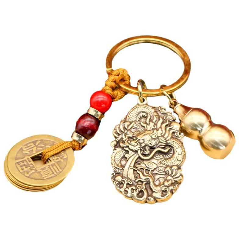 Vintage Brass Beast Dragon Lucky Rope Keychain Pendant Chinese Zodiac Dragon Animals Car Key Chain Bag Feng Shui Hanging Gift