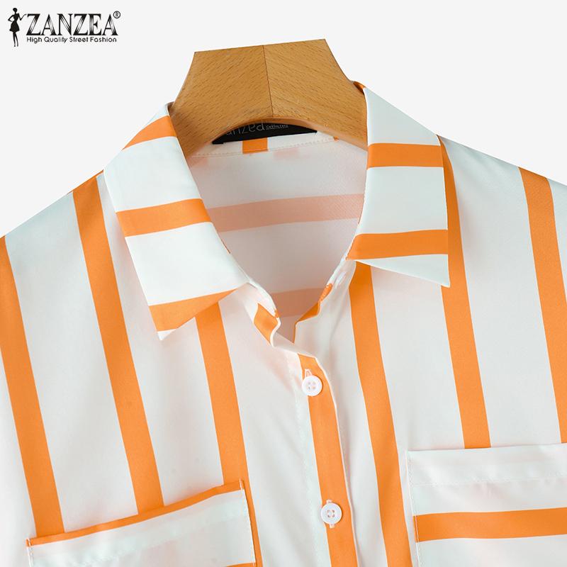 ZANZEA Женские повседневные рубашки с длинным рукавом в полоску и карманами