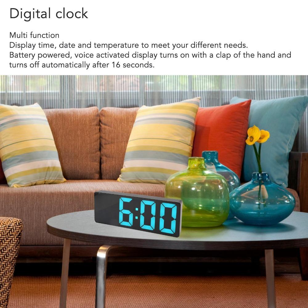 Blue Number Display LED Mirror Clock USB Battery Powered Bedside Clock For Bedroom