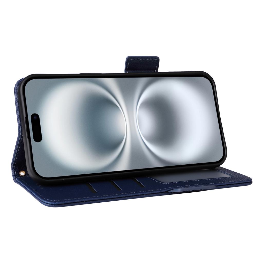 For iPhone 16 Plus Case with Wrist Strap Litchi Texture PU Leather Wallet Phone Cover