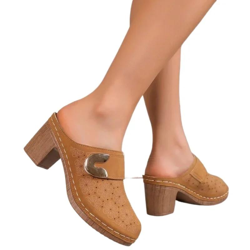 2024 Обувь Женские закрытые носки женские тапочки для улицы Офисные и карьерные тапочки женские Римские толстые каблуки Большие размеры Современные сандалии