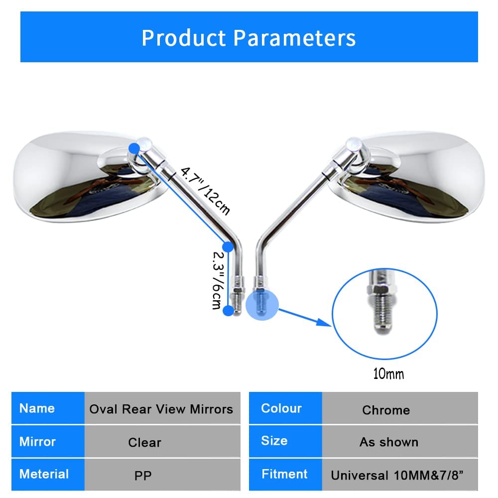 Motorcycle Mirror 10mm Universal Chrome Mirror Convex Oval Mirror for Fury Shadow Rebel VTX