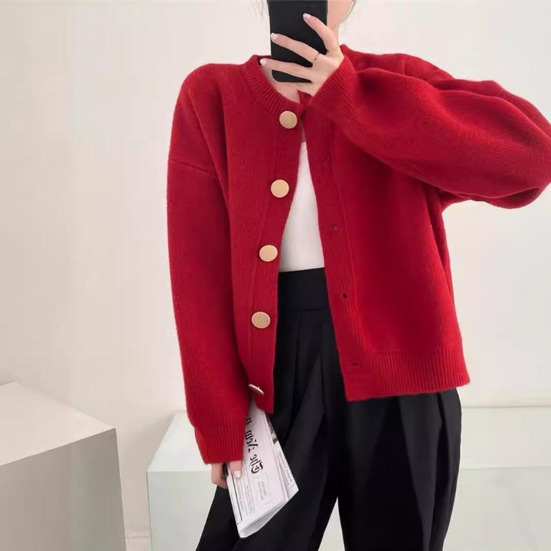 Весенне-осенний новый кардиган с круглым вырезом, ленивый ветер, однобортный, однотонный, повседневный вязаный свитер, женская куртка