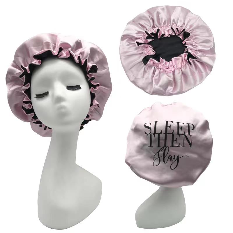 High Quality Custom Logo Long Sleeping Hat Satin Hair Bonnet with Snap and Wrap Silk Extra Large Bonnets