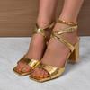 Размер 36-43 Золото/Серебро Женские Летние Новые Сексуальные Босоножки с Квадратным Носком, Ремешком с Пряжкой, Открытым Носком, Слингом на Пятке, Толстым Высоким Каблуком, Банкетные Туфли