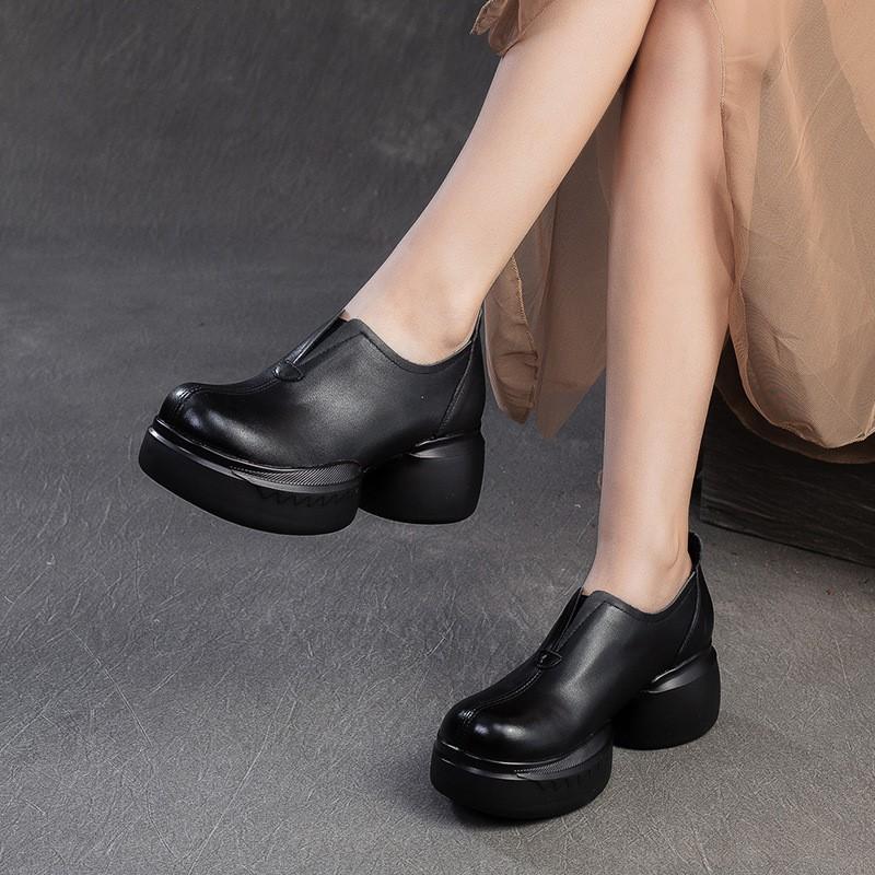 Fashion GKTINOO 2025 Spring Autumn Thick Sole Genuine Leather Shoes Comfortable Wedges Handmade Retro Women Shoes Slip On Pumps
