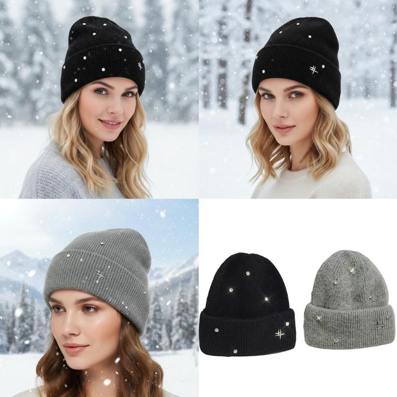 Acrylic Fibre Knitted Brimless Hat with Rhinestones Decors Winter Warm Skull Cap For Women Teens Girl Daily Outfit