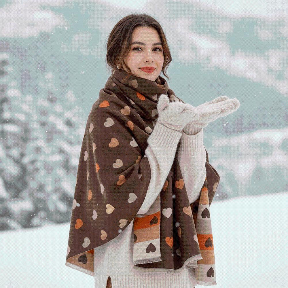 Thick Heart Pattern Scarf Warm Faux Cashmere Wrap Korean Style Muffler College Girls