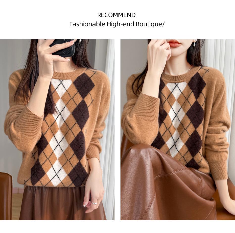 Vintage Argyle Wool Knit Sweater for Women - Slimming, Warm, Anti-Aging, Long Sleeve, Round Neck