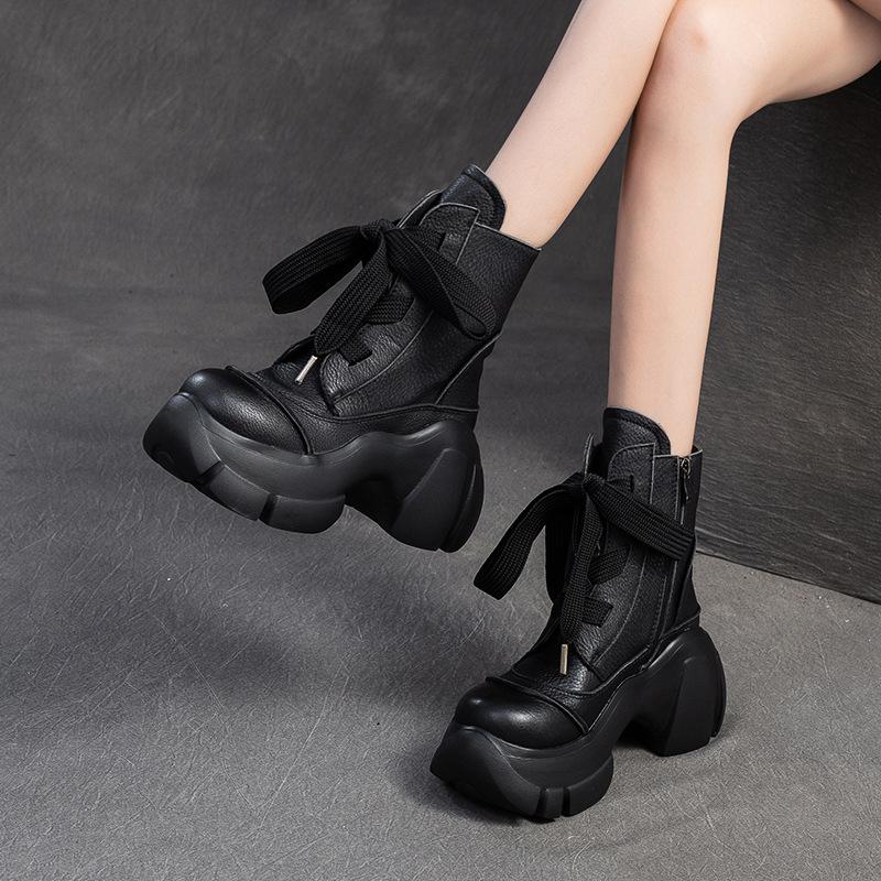 GKTINOO Ретро Ботильоны на Толстой Подошве 2025 Осень Зима Новые Натуральная Кожа Круглый Носок Однотонные Универсальные Туфли на Платформе