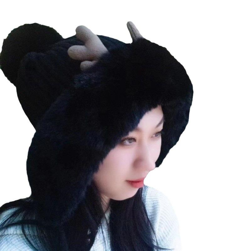 Рождественская шапка с ушками и рогами в корейском стиле, вязаная, с защитой ушей, осенне-зимняя шапка-ушанка с помпоном из плюша Лей Фэн