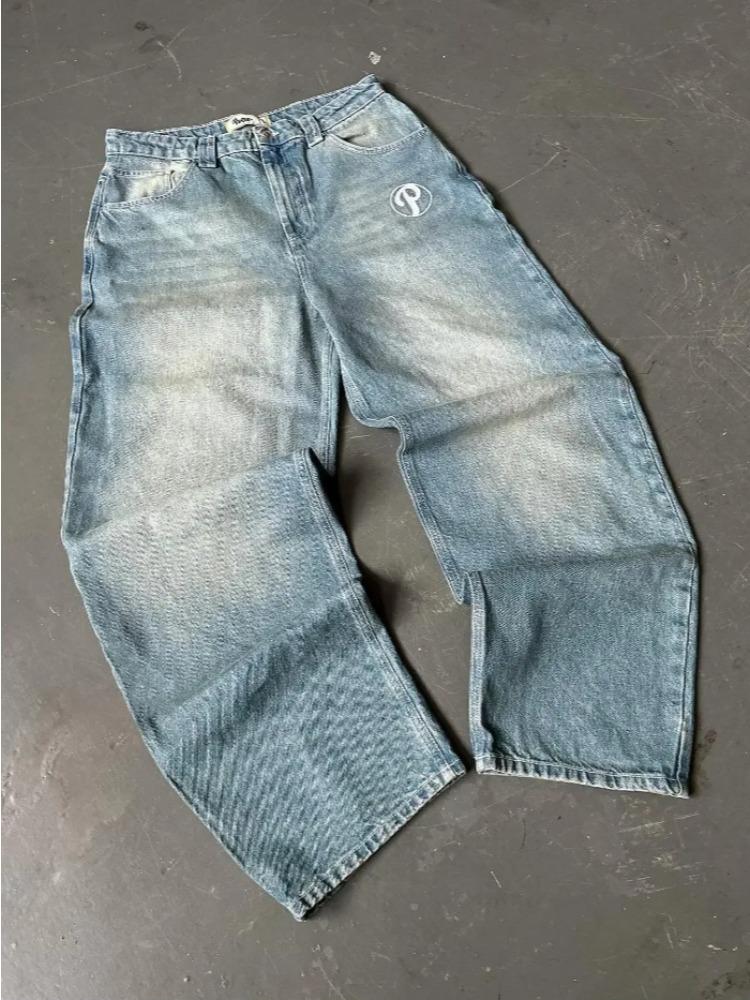 Джинсы Streetwear Y2K Мужские брюки Harajuku Hip Hop Вышитые буквы Винтажные синие мешковатые джинсы с высокой талией Широкие брюки