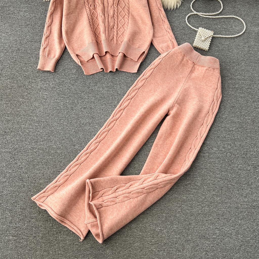 Осенне-зимний женский вязаный свитер, спортивный костюм, модный пуловер с капюшоном, топы и широкие брюки, комплект из двух предметов